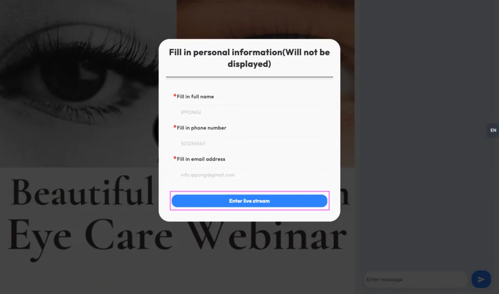 Webinar registration step 5: The system will automatically review your personal information. Simply click the blue button again to complete the login process.