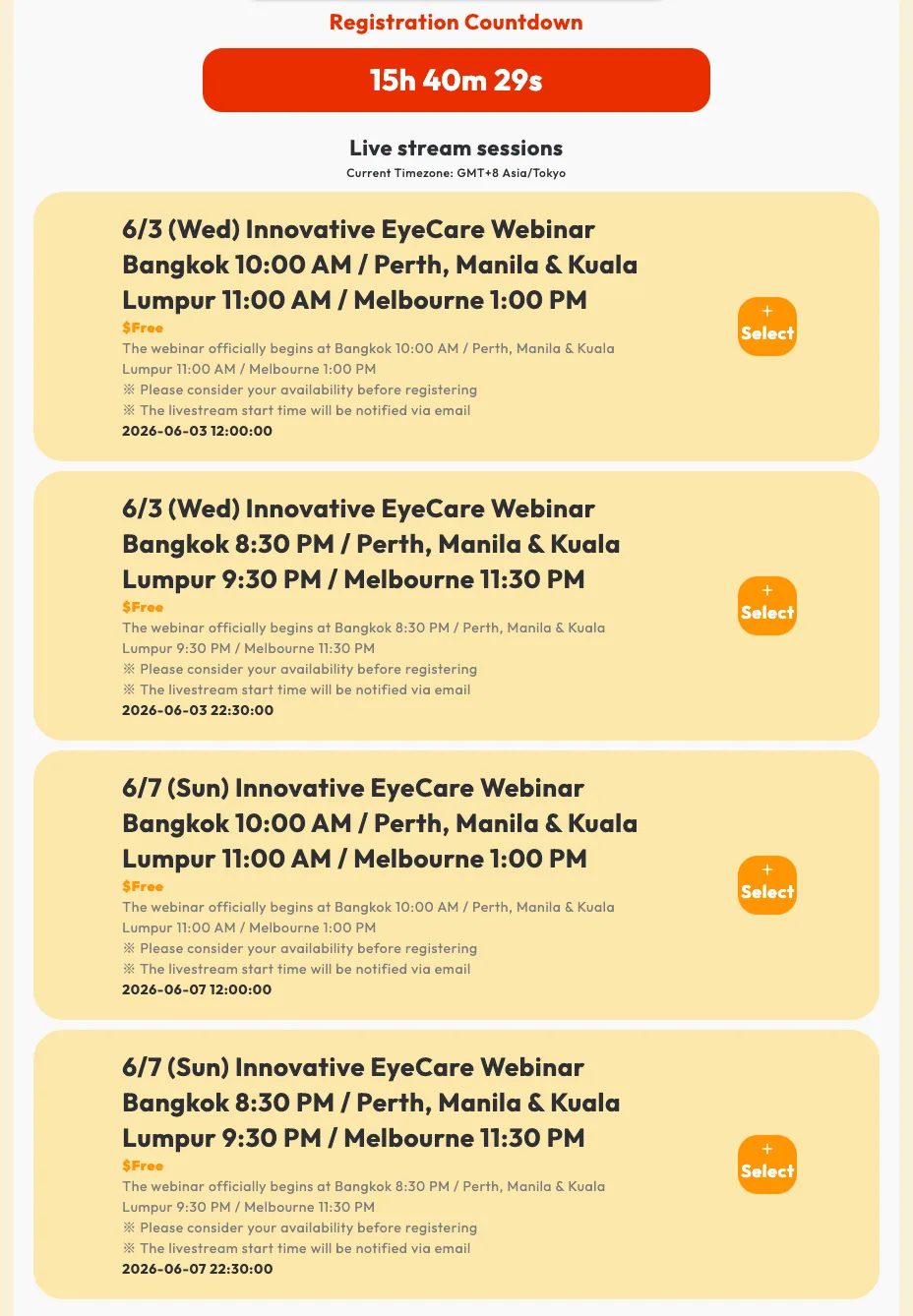 Webinar registration step 2: Scroll down to the bottom to see the available time slots.