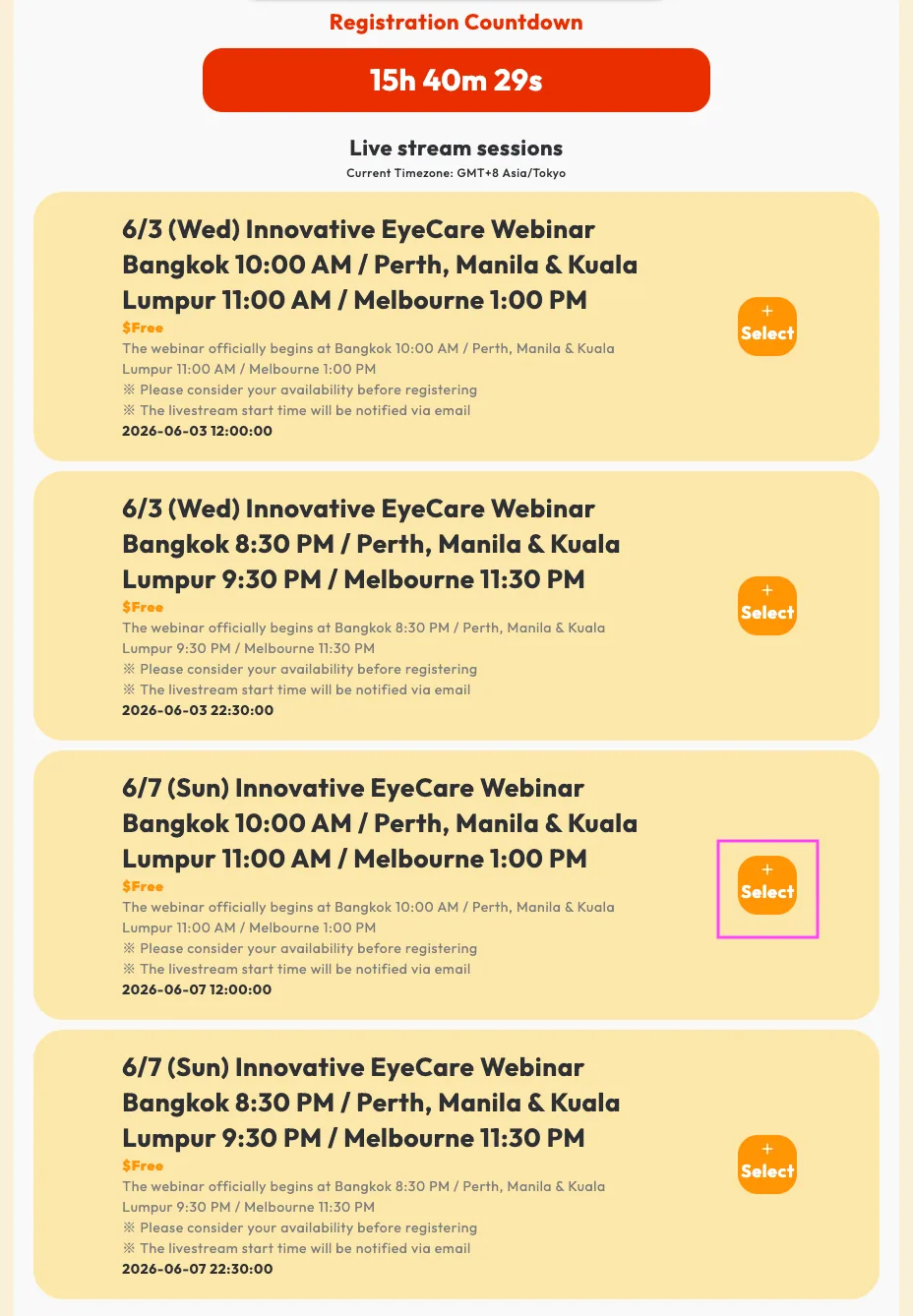 Webinar registration step 1: Choose the session that fits your schedule and click the “Select” button.